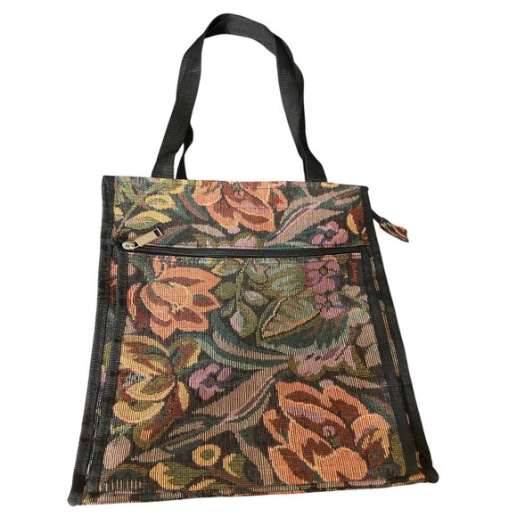 Vintage Floral Tapestry Zippered Tote Bag Front Pocket Black Handles Estate - Picture 2 of 6